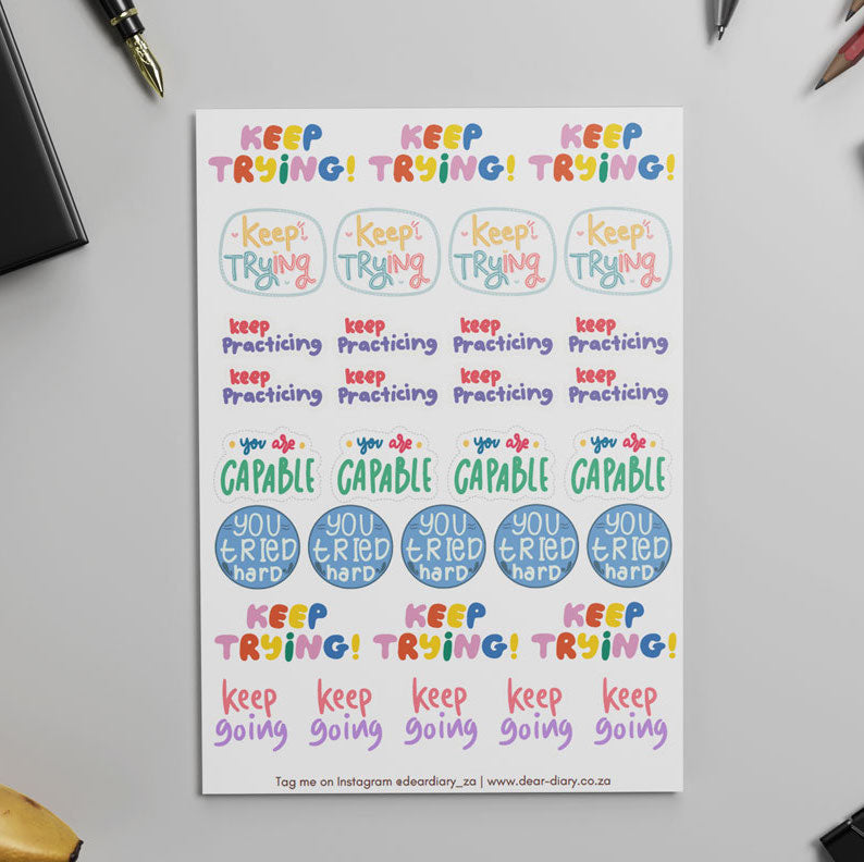 Dear Diary Vinyl Sticker sheet - Teacher Stickers (Keep Trying)