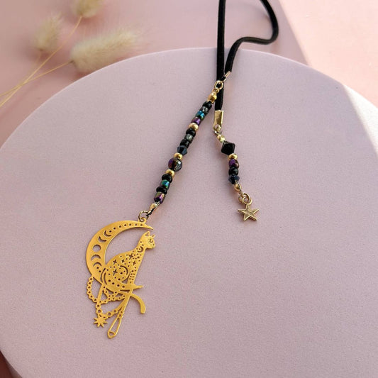 Beaded Faux Suede Bookmark - Black & gold cat/moon