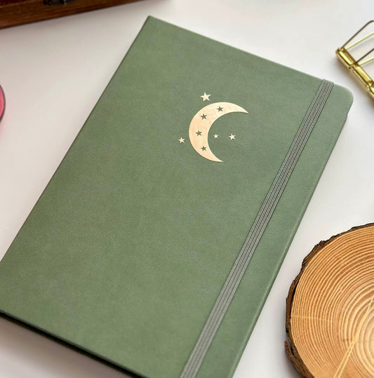 Green PU leather A5 dotted journal - Copper moon print