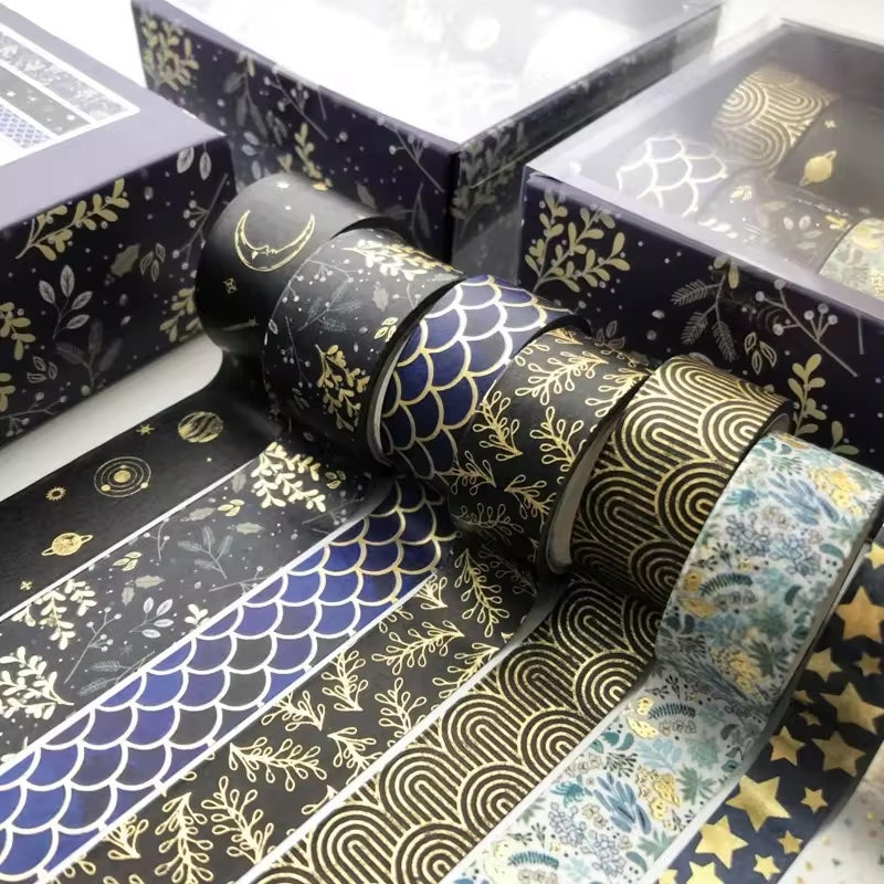 Gold detail washi tape set - Dark blues & black - 10 rolls