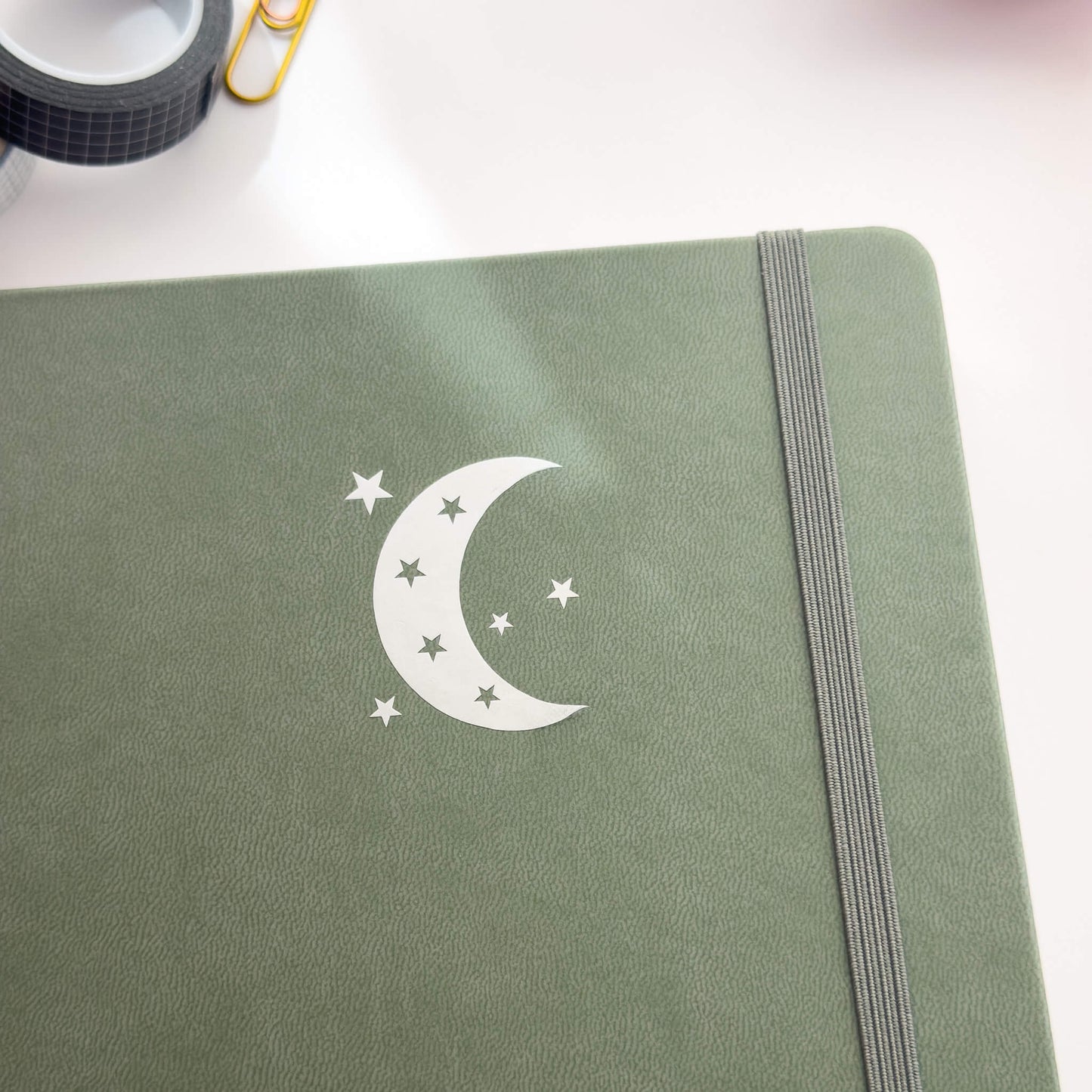 Green PU leather A5 dotted journal - Less than perfect silver moon print