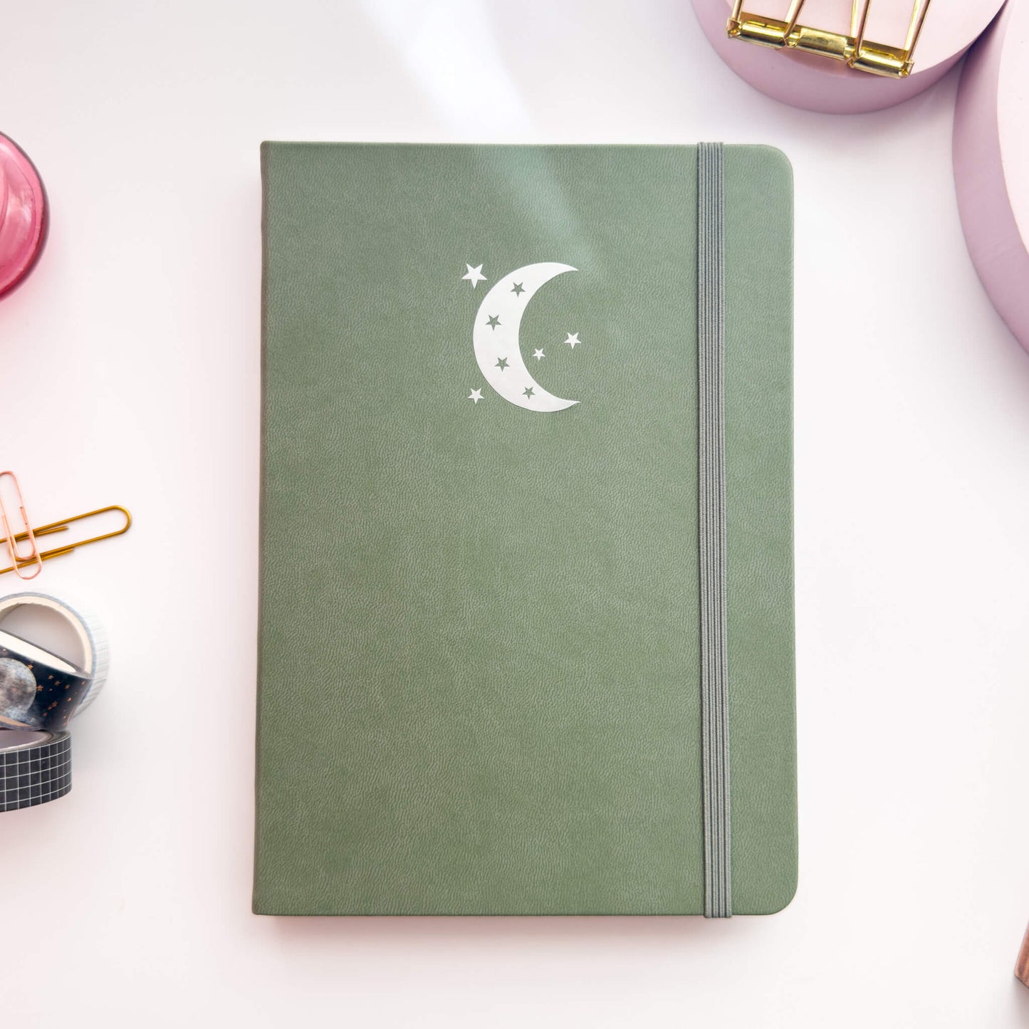 Green PU leather A5 dotted journal - Less than perfect silver moon print