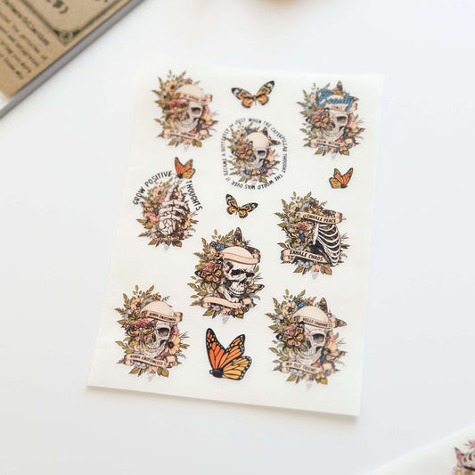 Orange skulls and flowers sticker sheet - vinyl