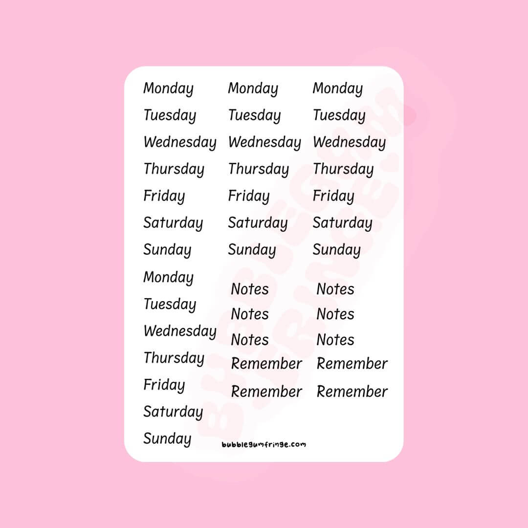 Days of the week sticker sheet - Style 1