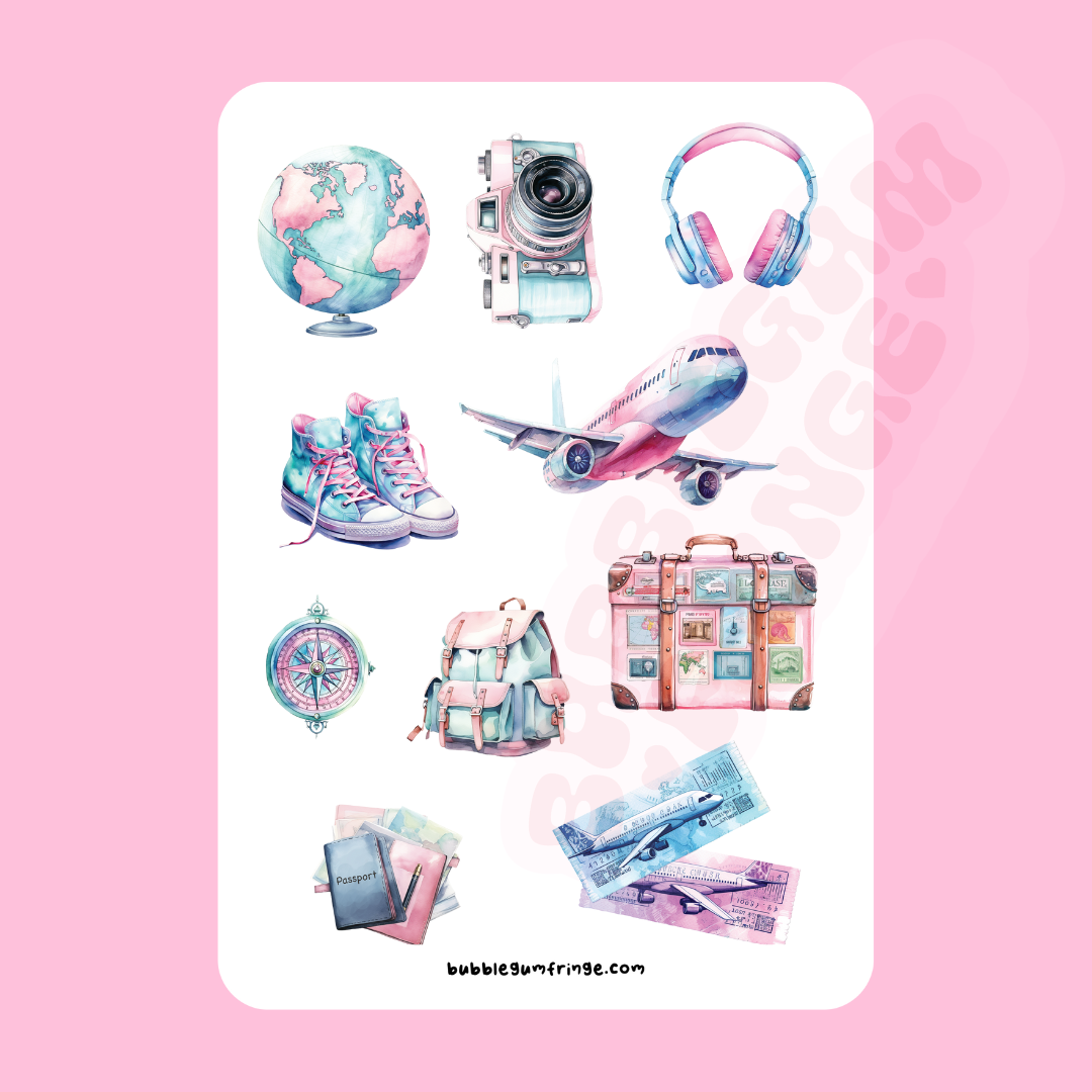 Watercolour travels sticker sheet - Pink & blue themed